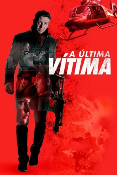 Fundo vermelho. Homem em sobretudo olha fixo, com imagens sobrepostas: helicóptero atirando, soldados e rostos tensos. Clima de ação e suspense.