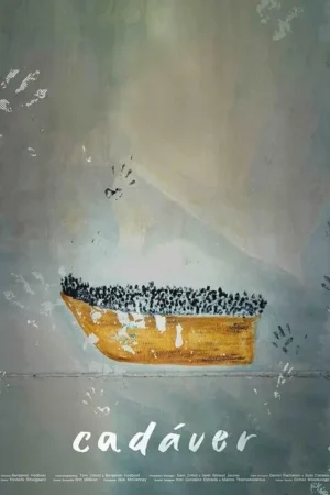 Pôster: Fundo de parede desbotada com várias impressões de mãos. Um barco amarelo simples, lotado de figuras humanas escuras, flutua. Clima sombrio.