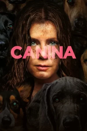 Pôster: Mulher de cabelo castanho com olhos azuis intensos e rosto marcado, cercada por cães de olhos verdes brilhantes. Título em rosa forte.