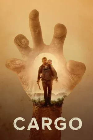 Pôster com uma mão gigante e gasta. Dentro dela, um homem com um bebê nas costas caminha por uma paisagem árida sob um céu alaranjado.