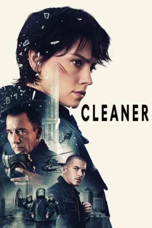 Pôster de ação: mulher com cicatrizes e cabelo curto domina o topo. Abaixo, homens sérios, helicóptero, cidade e figuras misteriosas. Trama tensa.