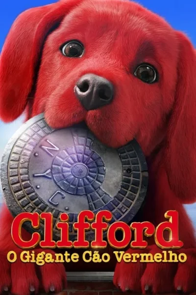Um cão vermelho gigante e fofo segura uma tampa de bueiro com NYC na boca, em frente a um céu azul.