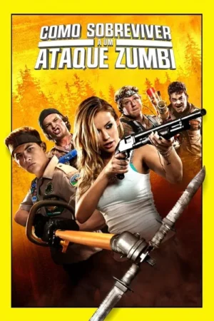 Cinco personagens, incluindo uma mulher e um escoteiro, com armas variadas, contra fundo de floresta laranja. Ação e comédia.