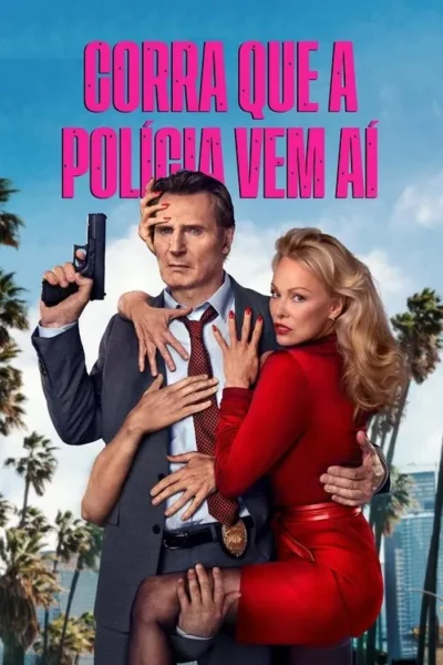 Um homem sério com arma e uma mulher sedutora de vermelho são cercados por várias mãos em um fundo tropical. Clima de comédia caótica.