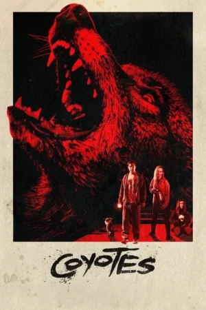 Um lobo vermelho gigante e rosnando se eleva sobre três pessoas e um cão pequeno. O fundo é escuro, criando um clima tenso e de suspense.