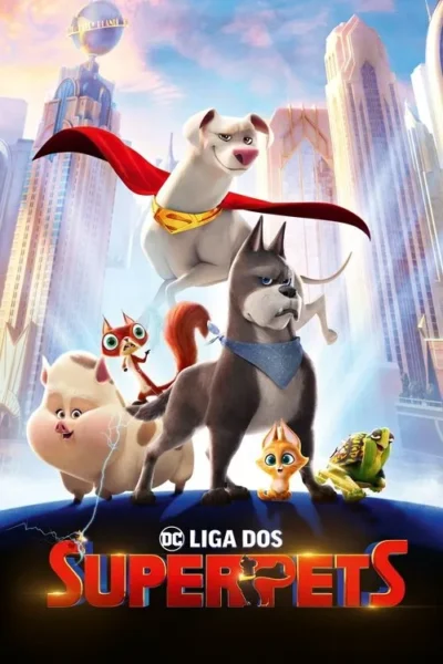 Pôster animado: Cão branco com capa vermelha voa sobre grupo de animais (cão, porco, esquilo, gato, tartaruga) em uma cidade futurista.