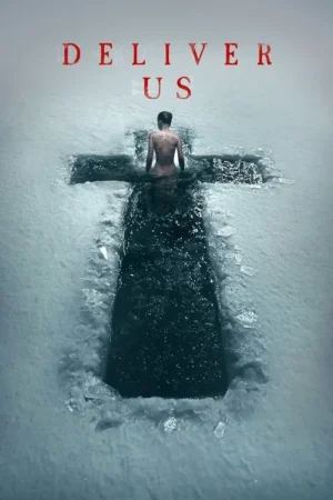 Pessoa de costas com torso nu e marcas na pele, submersa em uma abertura de gelo em forma de cruz. Cenário gelado e sombrio.