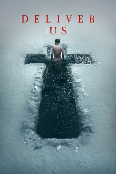 Pessoa de costas com torso nu e marcas na pele, submersa em uma abertura de gelo em forma de cruz. Cenário gelado e sombrio.