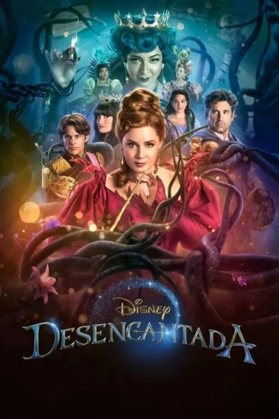 Pôster de fantasia sombria. Mulher em vestido vermelho com varinha, cercada por diversos personagens, incluindo uma rainha. Vinhas escuras e magia.