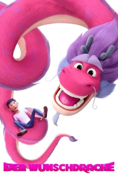 Um dragão rosa vibrante com crina roxa envolve um jovem moreno surpreso. O dragão sorri, fundo branco.