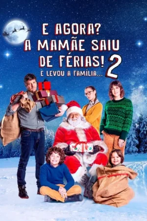 Pôster natalino. Homem, duas mulheres, Papai Noel e duas crianças sorrindo na neve, com presentes e trenó no céu noturno. Clima festivo e familiar.