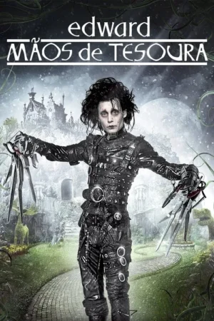 Um homem pálido de cabelo despenteado e mãos de tesoura, com traje escuro, em um jardim gótico e um castelo ao fundo sob neve.