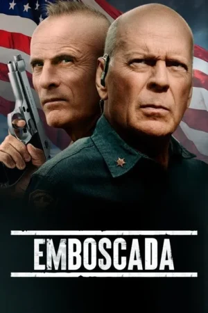 Pôster: dois homens calvos e sérios. Um empunha uma pistola, o outro usa fone e distintivo. Bandeira americana ao fundo.