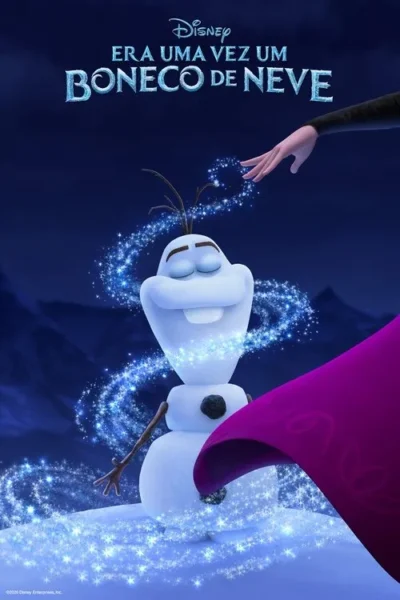 Um boneco de neve sorridente com brilho mágico azul. Uma mão o toca gentilmente sobre um cenário nevado com montanhas distantes.