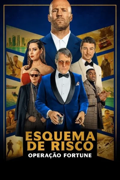 Pôster com 6 atores. Um homem careca em terno azul no topo, uma mulher de vestido vermelho, e outro homem de smoking azul com bebida no centro. Cenas de ação e luxo ao fundo. Clima de espionagem.