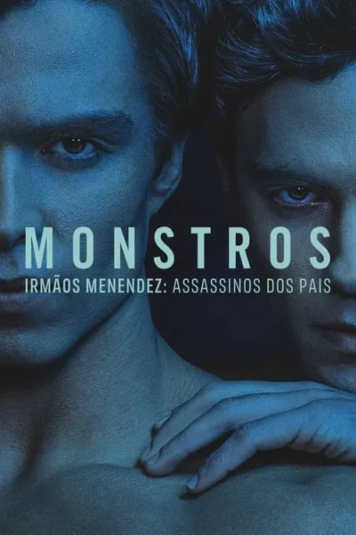 Pôster sombrio com dois homens jovens em close-up, iluminados por tons azuis escuros. Seus olhares são intensos; um tem a mão no ombro do outro. Atmosfera tensa.