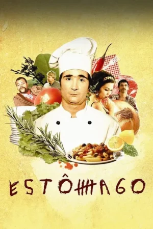 Um chef sério no centro, cercado por elenco diverso, ingredientes frescos e um prato de massa com manchas vermelhas. Clima culinário tenso.