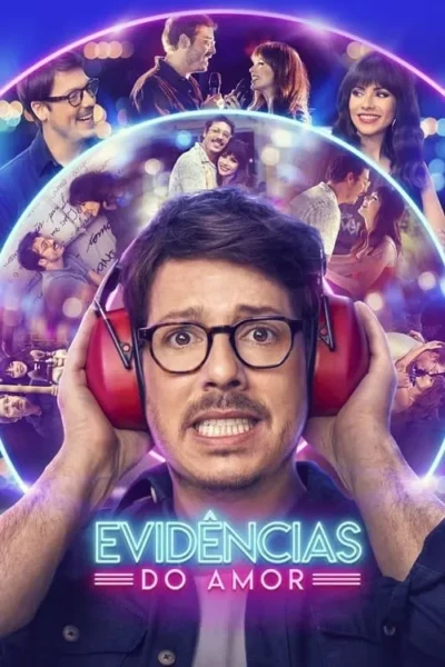 Homem com fones e expressão aflita. Ao redor, colagem de cenas românticas e felizes do casal com iluminação neon.