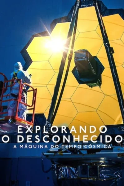 Pôster: um técnico em traje branco perto de um enorme telescópio espacial com espelho dourado hexagonal, sob um céu azul. A luz do sol brilha forte.