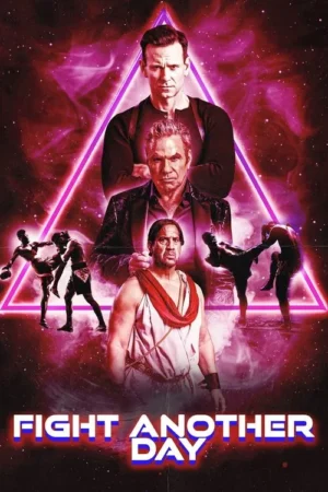 Pôster de ação sci-fi. Dois homens sérios acima de um em túnica, com lutadores de kickboxing silhuetados. Fundo roxo espacial e triângulo neon.
