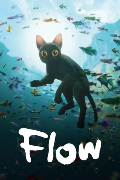 Um gato preto de olhos grandes nada em um oceano azul vibrante, rodeado por muitos peixes coloridos.