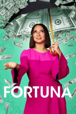 Mulher de vestido rosa vibrante sorri sob um guarda-chuva preto enquanto notas de dólar caem ao seu redor. Fundo verde-água com padrões.