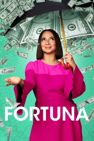 Mulher de vestido rosa vibrante sorri sob um guarda-chuva preto enquanto notas de dólar caem ao seu redor. Fundo verde-água com padrões.