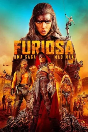 Pôster: Mulher com olhar intenso acima de guerreiros em deserto laranja/azul. Uma figura central tem braço mecânico e capuz vermelho. Clima distópico.