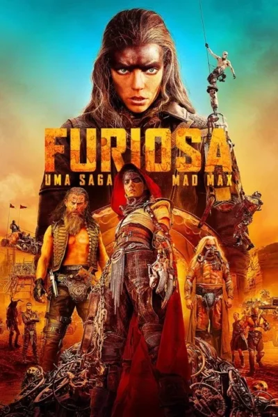 Pôster: Mulher com olhar intenso acima de guerreiros em deserto laranja/azul. Uma figura central tem braço mecânico e capuz vermelho. Clima distópico.