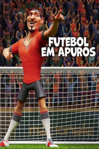 Pôster animado: Jogador de futebol sorridente em campo, com a mão levantada, e uma multidão torcendo ao fundo. Clima alegre de esporte.