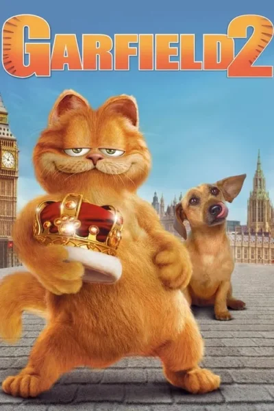 Um gato laranja sorridente com coroa nas patas e um cão marrom em frente a monumentos de Londres. Atmosfera divertida e real.