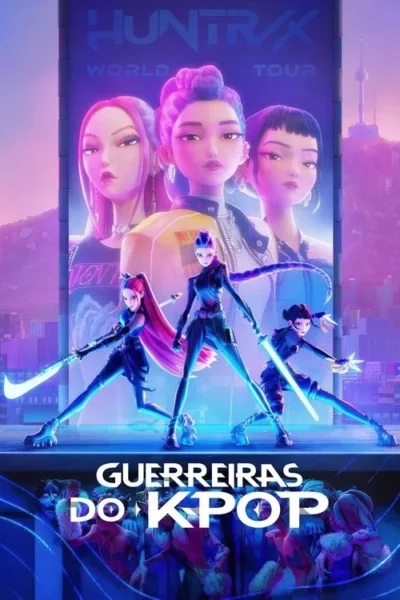 Três mulheres estilo K-pop no topo, e suas versões guerreiras com espadas neon abaixo. Cenário de cidade futurista roxa e azul. Vibrante.