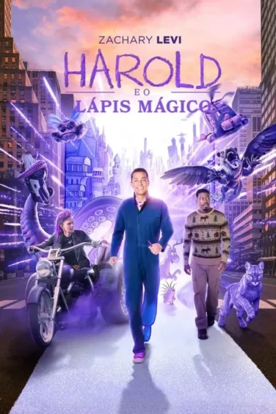 Três pessoas e criaturas fantásticas roxas em uma cidade vibrante. Um homem de macacão azul sorri, segurando um lápis. Atmosfera mágica.