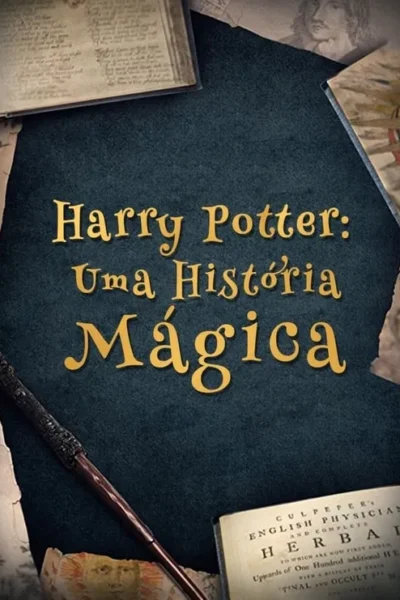 Pôster escuro com livros antigos abertos, pergaminhos e uma varinha mágica espalhados. Clima misterioso e mágico.