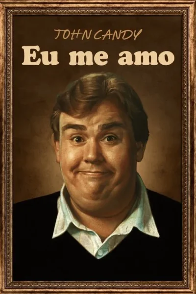 Pôster: Retrato de um homem sorridente e com olhos arregalados, usando suéter. Fundo sépia em moldura antiga. Expressão cômica e autoconfiante.