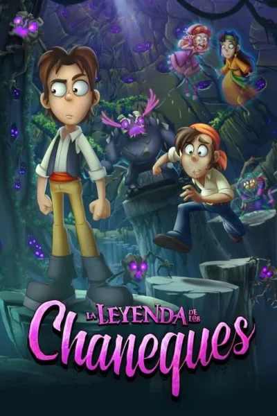 Pôster de animação. Jovem e homem correm assustados de criaturas escuras numa caverna mística. Duas mulheres flutuam ao fundo, em pânico. Clima de aventura.