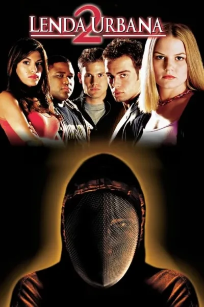 Cinco jovens sérios no topo. Abaixo, figura encapuzada com máscara metálica gradeada, iluminada por brilho sombrio. Clima de suspense.