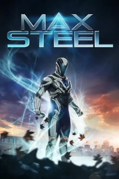 Herói futurista em traje branco e azul com capacete, emanando energia azul. Cenário de cidade ao anoitecer sob céu dramático.
