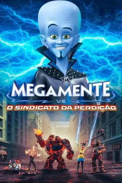 Pôster vibrante: personagem azul de cabeça grande sorri sob relâmpagos. Abaixo, vários vilões únicos, como um monstro de lava, em uma rua da cidade.
