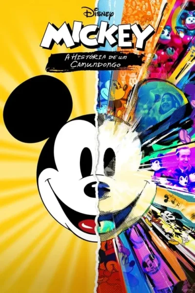 Pôster: Rosto clássico de Mickey em amarelo. Metade rasgada revela colagem colorida e vibrante de imagens de Mickey e pessoas. Energia e história.