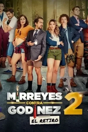 Grupo diverso de personagens com trajes contrastantes (ternos/shorts, roupas de acampamento) em cenário de floresta. Expressões variadas sugerem comédia e desajuste.