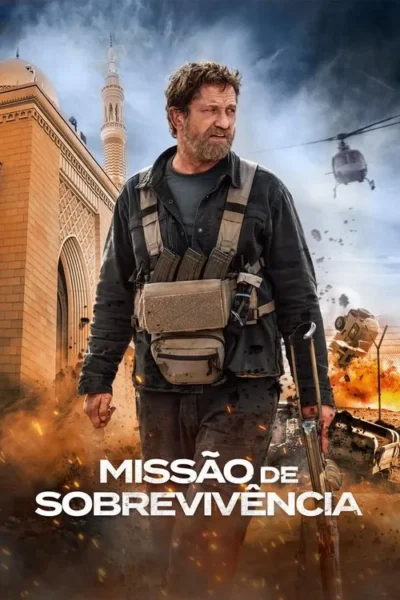 Homem barbudo com colete tático e rifle caminha em cenário de guerra com mesquita ao fundo, helicóptero e explosões.