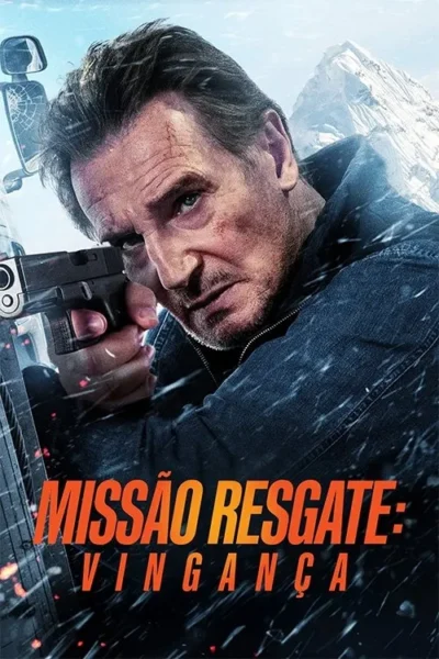 Homem sério, rosto marcado, mira uma pistola em meio à neve e montanhas geladas. Clima intenso de ação e perigo.