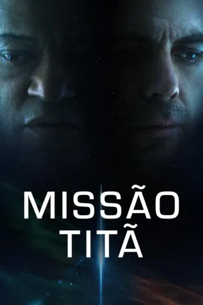 Duas faces masculinas sérias emergem da escuridão do espaço estrelado, com um feixe de luz azul ao centro. Clima misterioso de ficção científica.