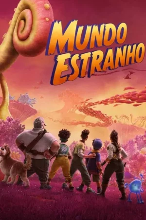 Grupo diverso, cachorro e criatura azul observam um vibrante mundo alienígena rosa e laranja, cheio de plantas e seres estranhos. Aventura.