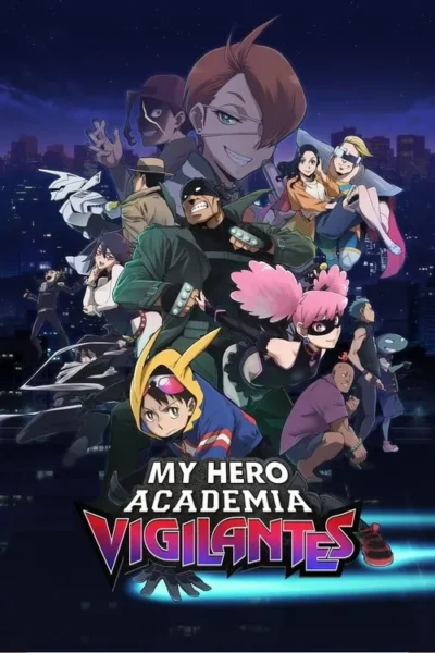 Pôster de anime: Grupo diverso de personagens, incluindo um jovem de capuz amarelo, heróis e figuras sombrias, contra uma cidade noturna vibrante. Clima de ação e mistério.