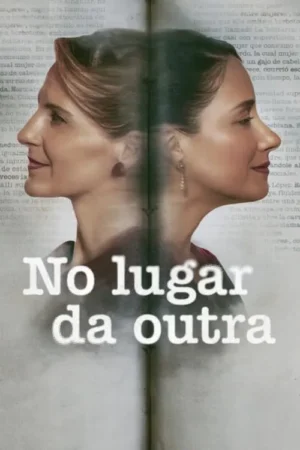Pôster: Duas mulheres em perfil, viradas para lados opostos, sobre um livro aberto. Clima de dualidade e mistério.