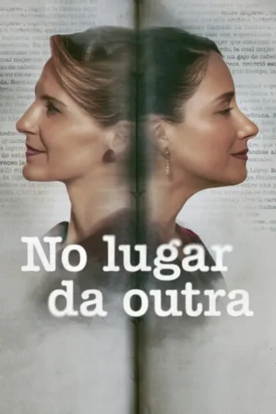Pôster: Duas mulheres em perfil, viradas para lados opostos, sobre um livro aberto. Clima de dualidade e mistério.