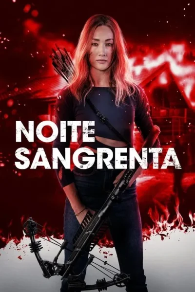 Mulher séria, com arco e flechas nas costas, segura uma besta. Fundo vermelho escuro com uma casa e respingos. Clima tenso.