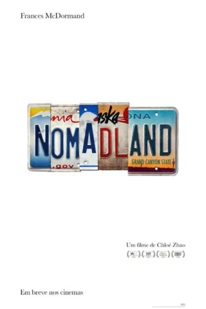 Pôster minimalista com uma colagem central de placas de carro americanas, antigas e coloridas, de vários estados. Fundo branco.